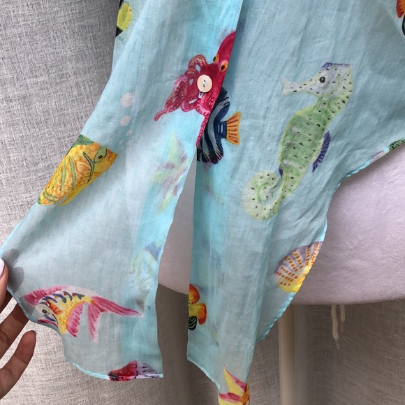 Leggiadro light blue with fishes button down blouse tie at waist - Picture 9 of 14